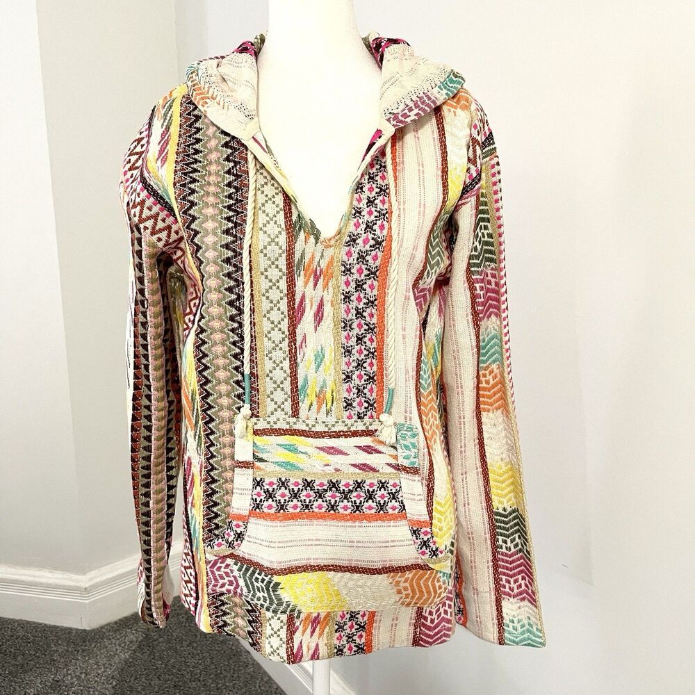 Beach By Exist Baja Rug Style Hoodie Size Large Tasseled Drawstring Hood Pockets